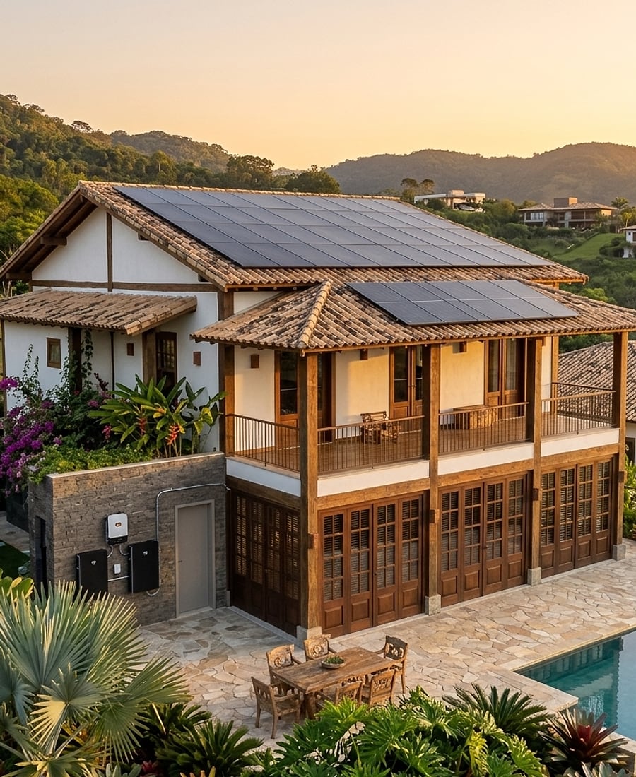 Residência com telhado coberto por módulos fotovoltaicos, inversor e baterias instalados na parede lateral