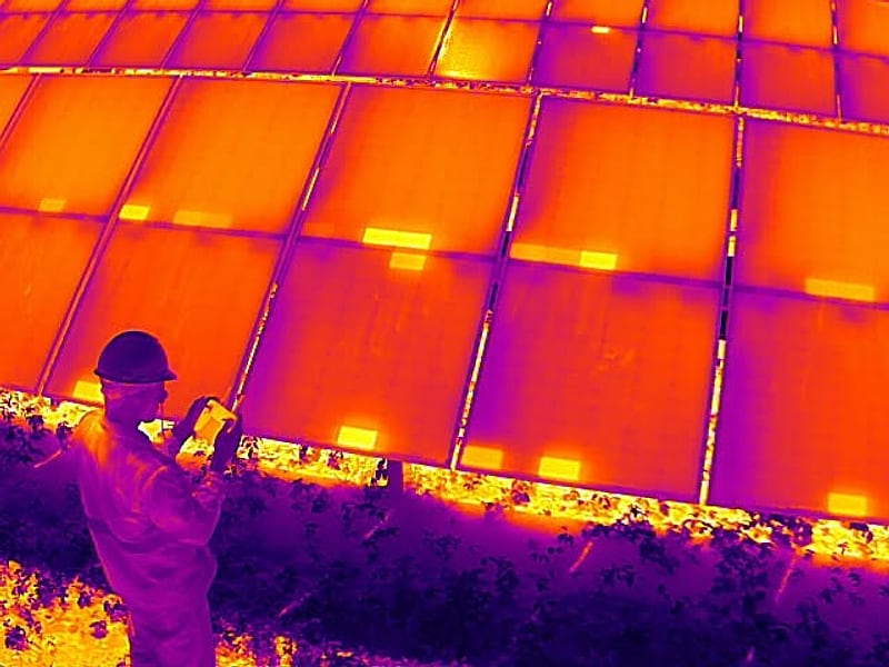 Técnico inspecionando módulos fotovoltaicos com câmera termográfica
